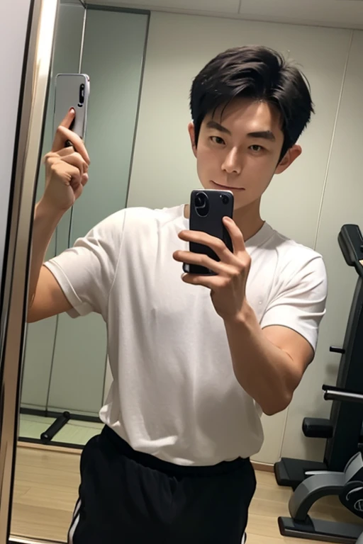 Cute little Korean guy takes off his shirt and takes a selfie in front of the mirror.