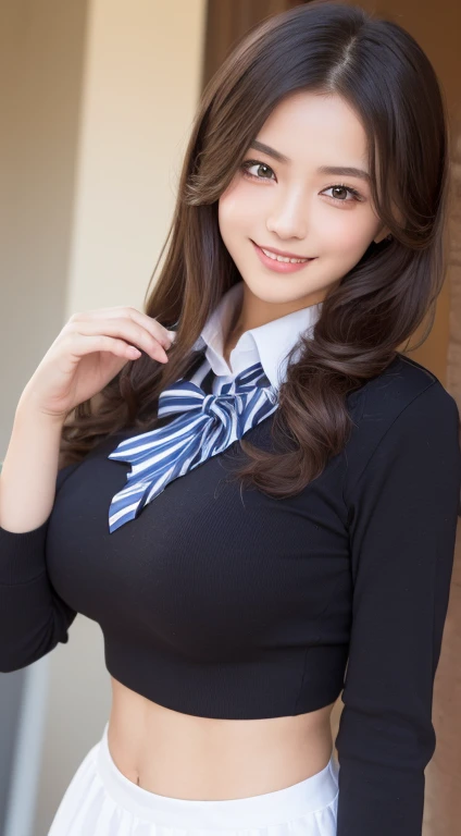 Tabletop, Highest quality, Photorealistic, In detail, High resolution, 8k wallpaper, Detailed and beautiful eyes, Medium Hair, Big Breasts 1.3)、Laughter, beauty、Japanese、Look at the person taking the photo、((Accurate needles without discomfort))、(curve:1.2)、Detailed eyes、Fine skin、 (cute:1.2)、clavicle、 ((Pop Idols of Japan、Camel Toe))、Realistic Face、height:162cm、weight:48kg、bust:90cm、Waistline:58cm、Hips:88cm、 G Cup、((stewardess jacket uniform:1.2))、(Naughty underwear)、(Huge boobs)、Thighs Thighs Thighs Thighs、Exactly、Perfect Image Realism、(Black Background)、Cowboy Shot、Detailed Background、Detailed costume、Hyperrealism、(Photorealistic:1.4)、8K最High resolution、(masterpiece)、Professional
