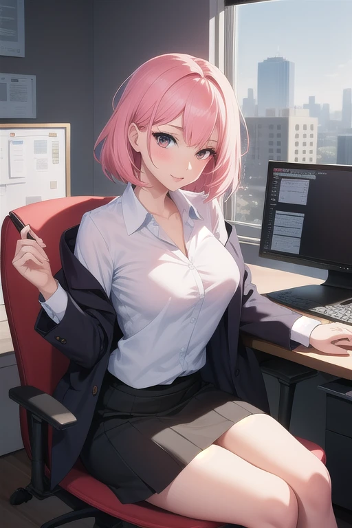 Woman sitting on chair in front of window,office,sitting in front of a computer, A charming office lady, 28 years old,Slender figure,White blouse,clavicle,Cleavage,Pink Bra,detailed Digital anime art, Charming smile, Portrait, Ilya Kuvshinov. 4k yen, Smooth anime CG art, Cute realistic portrait, Beautiful Anime Girls, Digital anime art, Gweiz-style artwork, Cute Anime Girl, sitting in front of a computer,