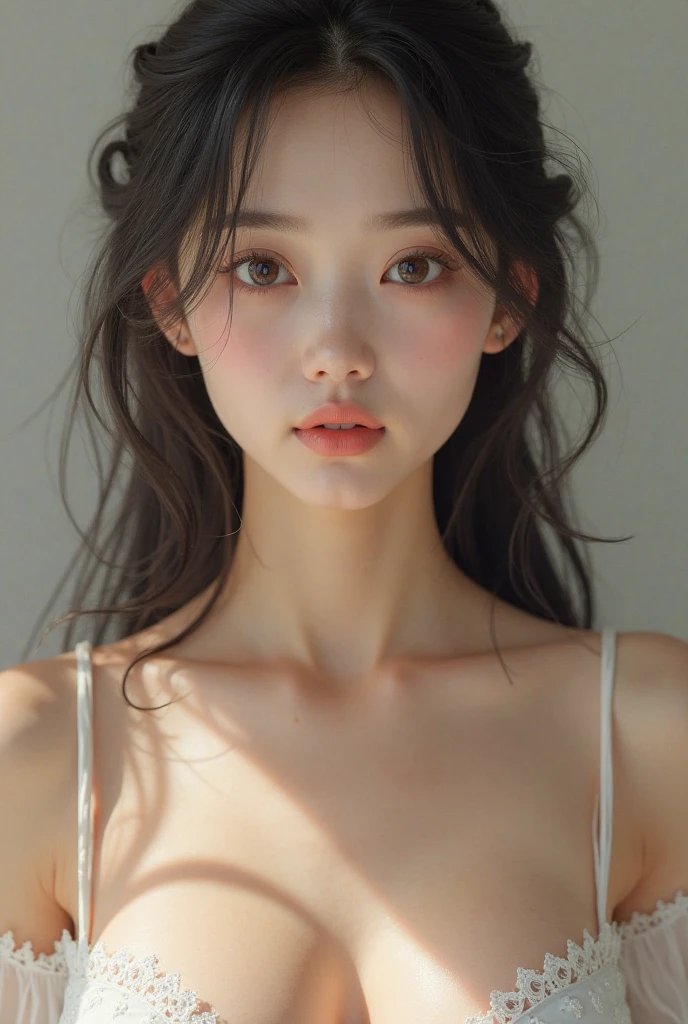film portrait photography, 1girl, bare shoulders, wavy shoulder-length hair, serene, calm, (realistic detailed eyes, natural skin texture, realistic face details), soft dramatic lighting, depth of field, bokeh, vibrant details, finely detailed, hyperrealistic, 35mm film, hazy blur, filmg,