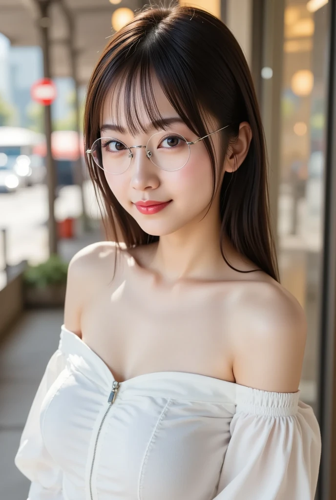 (8K、Raw photography、top-quality、tmasterpiece:1.2)、(hentail realism、with round face、Braids髪の毛、Braidsおさげ、Tanuki face、Round glasses、Metal frame Grasaig chest、Photorealsitic:1.37)、ultra - detailed、超A high resolution、1 rapariga、Braids、see the beholder、beautifull detailed face、A smile、zoomed out、(Slim waist) :1.3)、beautiful in white summer clothes, 、Skin Texture、Floating hair、Braided hair、Professional Lighting、In the classroom、((black square glacier body zbian、Brown hair