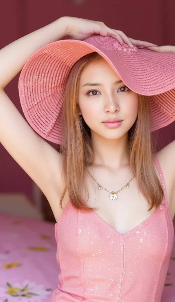 Pink Background、Pink clothes made of various flowers、Pink story hat、Cute face、Large Breasts、Slim body、Surrounded by all sorts of pink stories、looking at the camera、smile、