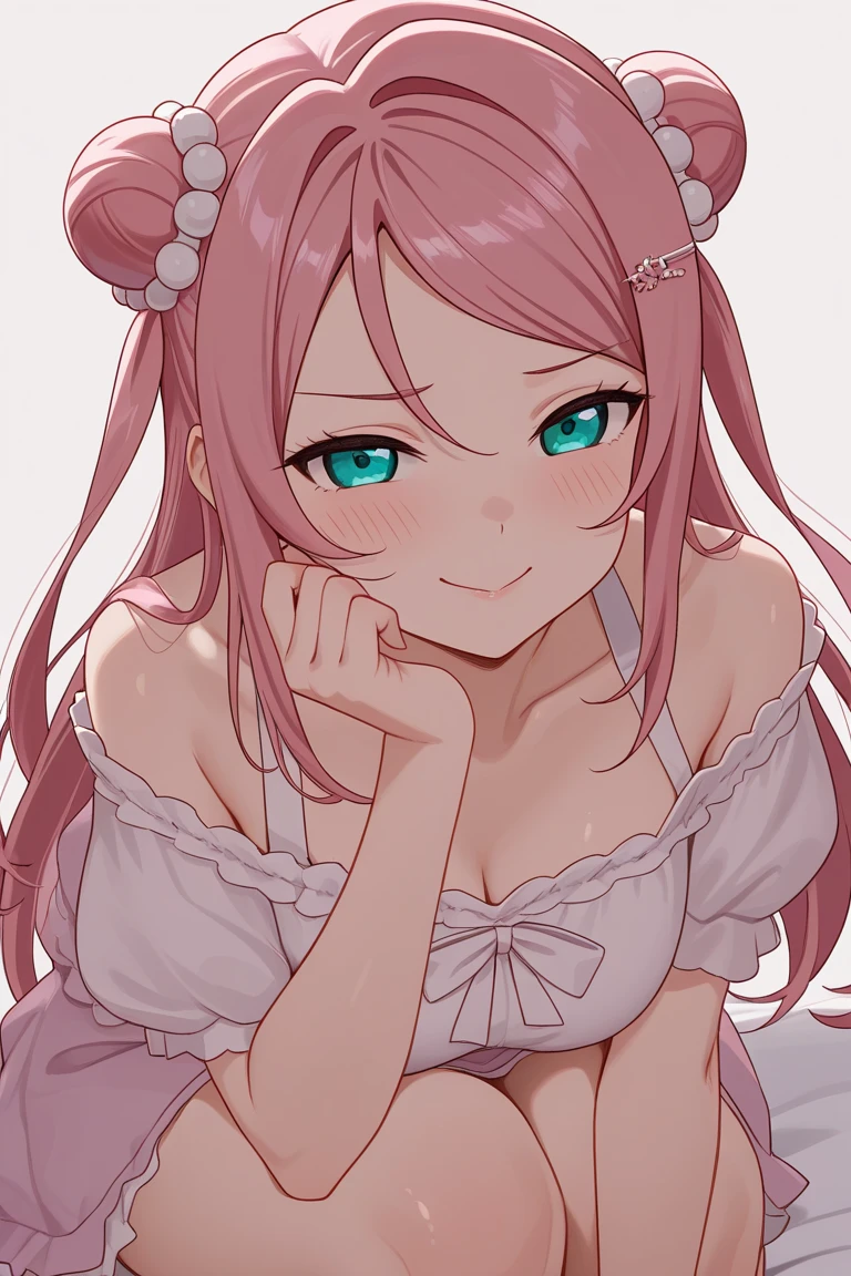 beautiful illustrations, highest quality, pretty girl, pastel colour, fluffy rabbit ears, pink long hair,light pink eyes,lace underwear