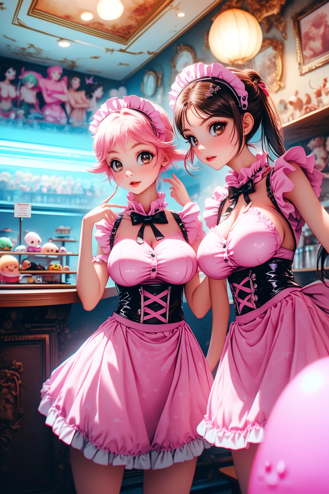 anime girls in a pink room eating donuts and drinking milk, ecchi anime style, anime girls, ecchi style, twintails, ecchi, two beautiful anime girls, official artwork, nixeu and sakimichan, official fanart, high quality fanart, trending on cgstation, idolmaster, smooth anime cg art, pixiv 3dcg, kawaii realistic portrait