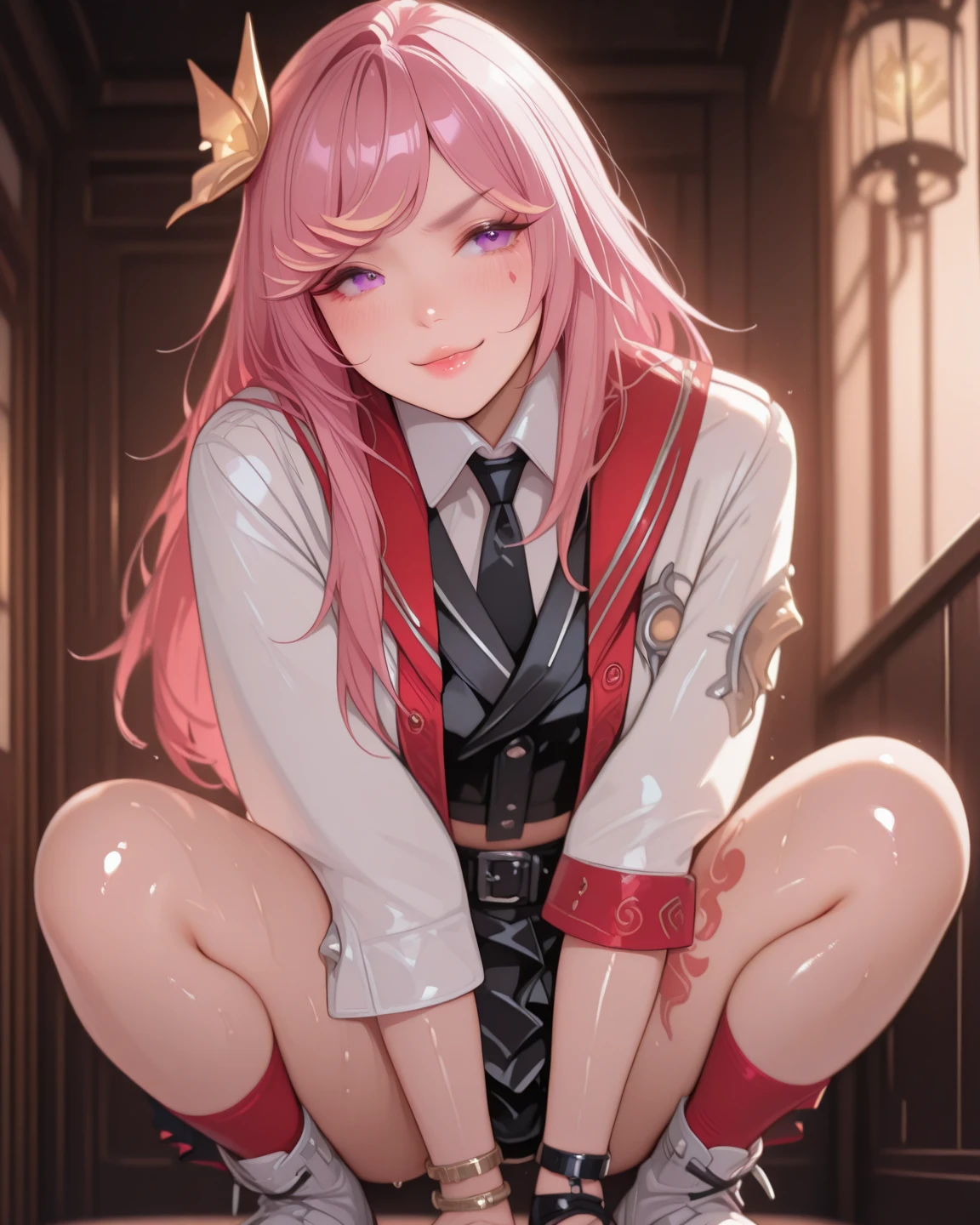 nsfw, uncensored, amazing anime illustration, masterpiece, absurdrez, best quality, ultra detailed, intricately detailed, character focus, character enhance, sharp focus, BREAK,1girl, college girl, angled view, surprised, caught, in a locker room, lockers, metal bench, (undressing, changing clothes), (detailed pussy, clitoris, urethra, vaginal tunnel), (panty pull, bra lift, leg lift:1.2),