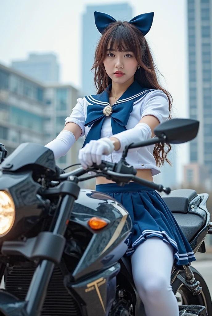 arafed asian woman in a tight white sailor uniform and tiny blue skirt riding a horse, very sexy pose, elegant seducing pose, sexy look, sultry body, anime girl cosplay, ((tiny blue miniskirt|plaid miniskirt)), ((huge breasts|white sailor uniform)) ((white sailor shirt|blue collar|blue bow)), ((long blue boots|high heels|knee-high)), ((long white gloves|blue stripes)), ((blue choker|sapphire)), ((wearing a golden tiara on forehead)), ((long slender legs)), ((tiny white thong)), 2 4 year old female model, beautiful alluring teen, model with attractive body, sexy body, gorgeous young korean woman, beautiful feminine body, gorgeous young model, young sensual graceful, gorgeous chinese model, ((curly bangs)), ((very dark short hair)), ((black hair in a rough shag)), wavy hair, (masterpiece:1.3), high resolution, ((sailor mercury)),((outdoors,park,bright and sunny))