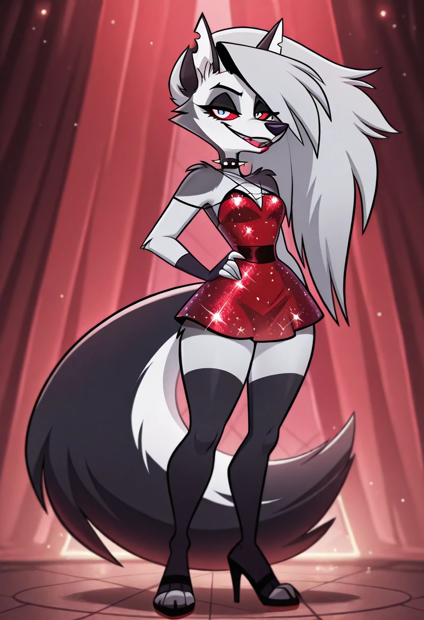 create a image of a furry wolf female anthropomorphic white fur mixed with purple and red designs on her fur blue eyes pink nose full body  wearing a black crop top and black shorts profile picture 