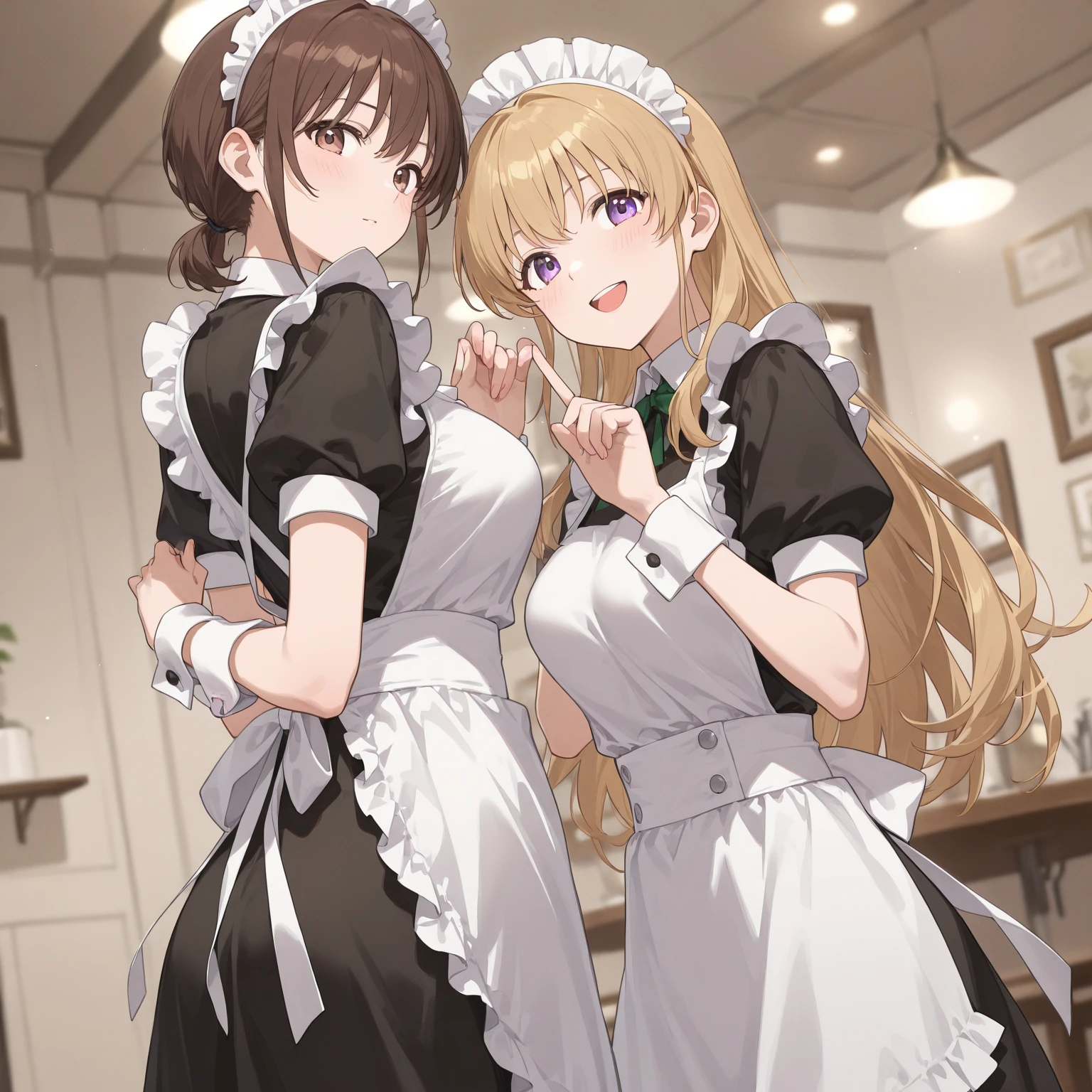light brown hair, braid, maid headdress, one eye closed, grin, masterpiece, high details, super detail, best quality, highres, Maid girl, 2 heads, maid apron, background(star symbol, heart symbol)