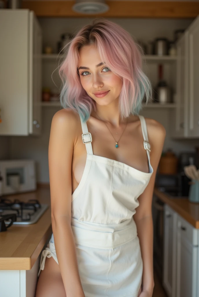 (best quality,4k,8k,highres,masterpiece:1.2),ultra-detailed,(realistic,photorealistic,photo-realistic:1.37),fashion photography, (((Irish girl))), beautiful detailed eyes, slight smile, beautiful detailed lips, long eyelashes, random hairstyle, random hair colour, stylish makeup, perky, gorgeous model, posing with confidence, sensuous expression, modern photography techniques, striking contrast between light and shadow, soft and natural lighting, pale skin tone, subtle blush, pop of colour on the lips, dramatic background with vivid colours, artistic composition, ethereal atmosphere, whisper of wind blowing through her hair, graceful and elegant posture, bokeh effects, (((pink short naked apron))), ((perky)), ((wide smile)), exquisite accessories, bold and creative fashion choices, (((on a an outdoor kitchen surrounded by a decorated garden)), (afternoon)