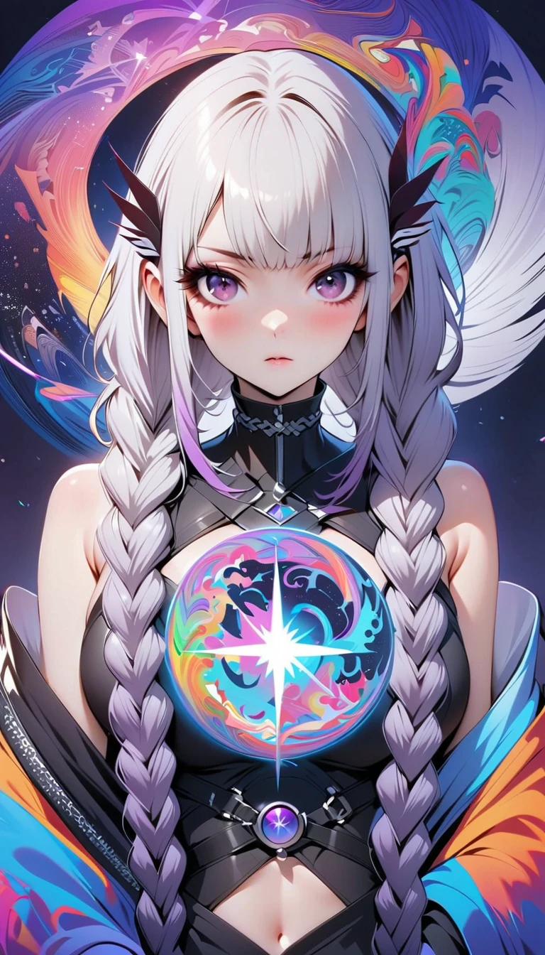 (masterpiece, best quality, official art, beauty, Gothic, Tokyo Ghoul style: 1.2), Very detailed, fractal art, Gorgeous, More detail, Zentangle, Atmospheric, cosmic, Psychedelic, dreamlike, fear, abstract background, A girl, Rabbit Ears, yinji, purple hair, purple eyes, long hair, white hair, double braids, gradient hair, Japanese folk style clothing
