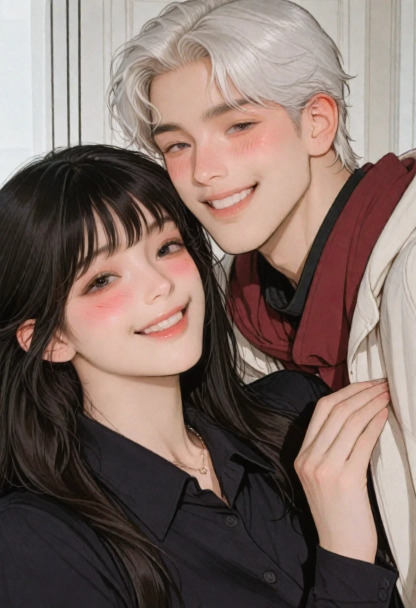 crie um casal em formato pixar, where the girl has platinum hair and the boy has black hair and is white
