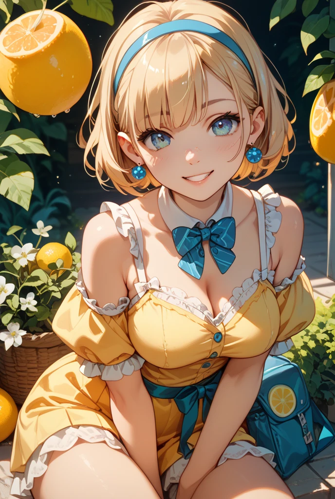 1girl,solo,cute,pine,pineapple,yellow,big brilliant,cleavage