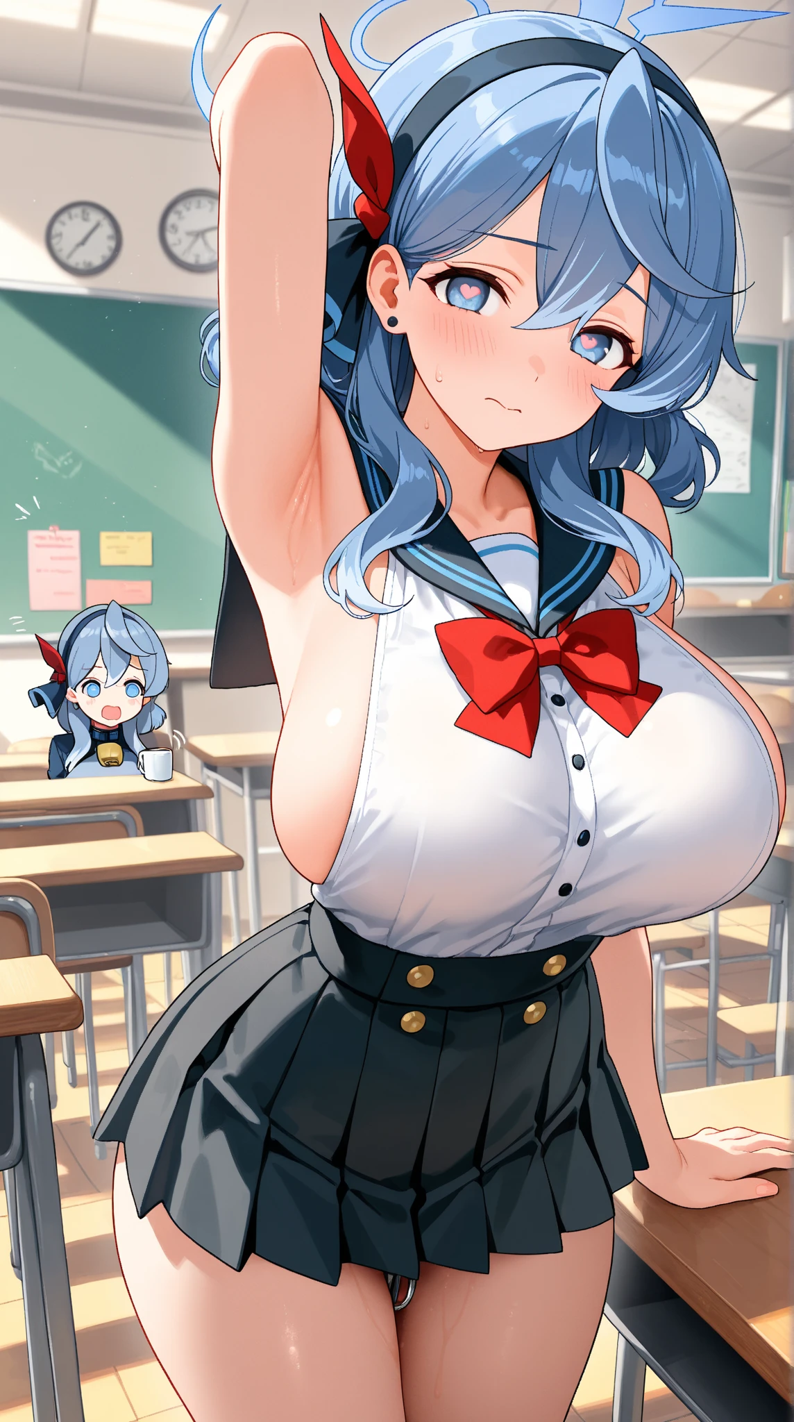 [1girl, hishi miracle \(umamusume\), umamusume], (goblin slayer!), (throw_hand, pink vibrator remote switch in throw_hand, throw:1.2), Highest quality, Super detailed, masterpiece, Ultra-high resolution, 8K, Ridiculous, Cowboy Shooting, Blurred, Focus on the girl, Embarrassing, blush, Lovely, Open your mouth, What saliva leaves behind, Wet skirt hem, (Sticky panties:1.1), Bulging of the vibrator cord, Vibrator with Garters, (cleavage), Classroom Background, The skirt is accidentally exposed,(large breasts), (crop top navel), (waist line), Accidentally exposed panties