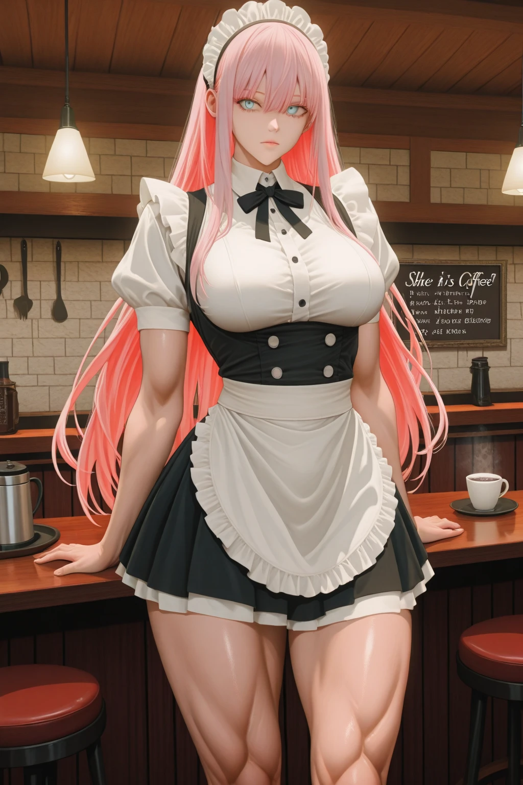 high resolution), (In 8K), (detailed), (best illustration), (美しいdetailedな目),(美しいdetailedな顔), fair skin、very beautiful skin, (pink hair), (pink eyes)、(1 18 year old female), (solo), (detailedな目, pale shiny skin, glossy lips, face lighting), (big breasts),(thin thighs), (thin slim waist), (Shy smile),western castle、Cooking dishes、裸apron、白いapronドレス、lots of frills、white headband、black garter belt、white long stockings、apron、back view、turn around、beautiful back、big ass、big thighs、Buttocks exposed、Beautiful waist、beautiful waist、
