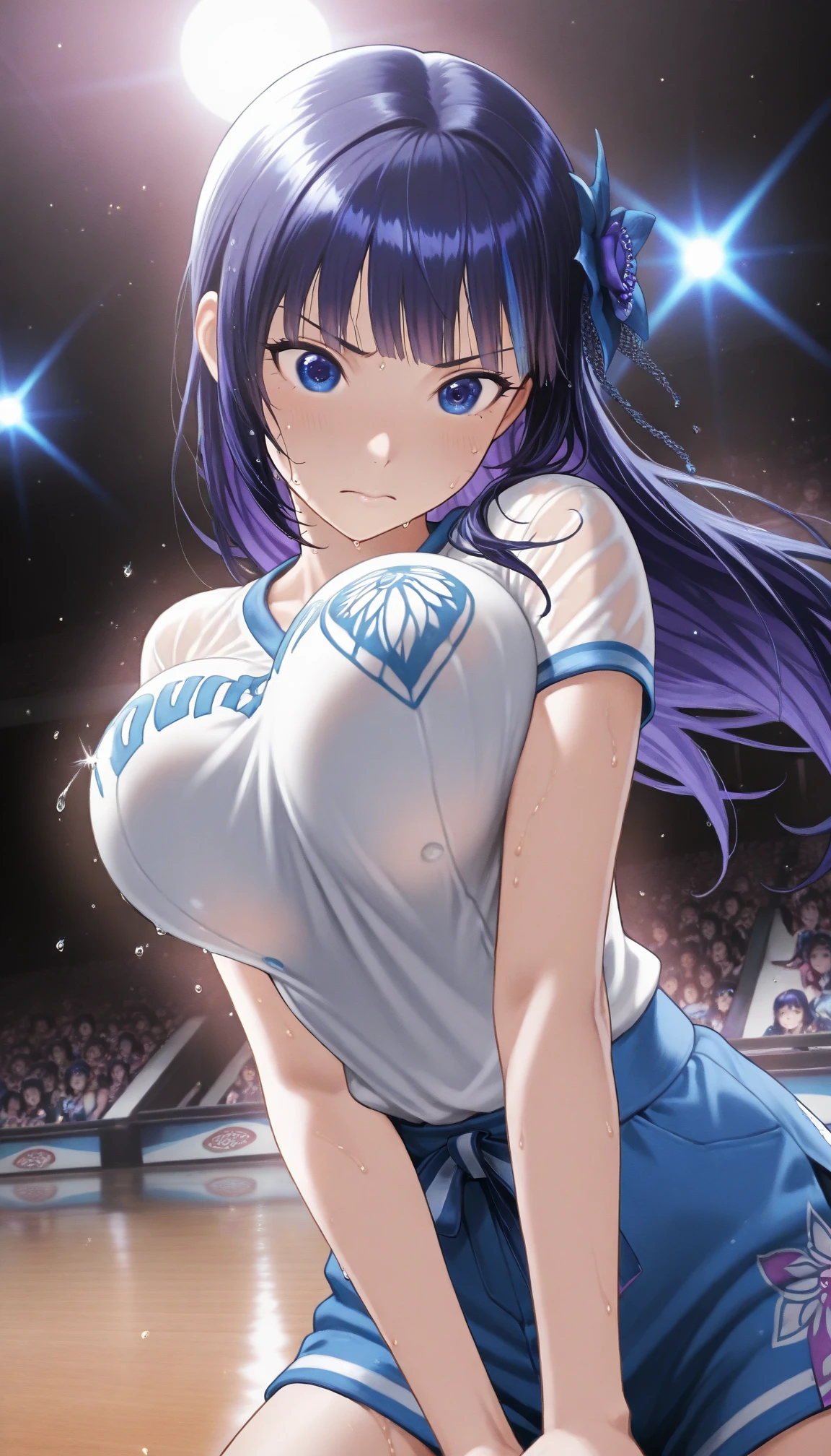 , long hair, dark purple hair, purple eyes, 16years old,,, large breasts, live stage, , solo ,nipple, ,seifuku