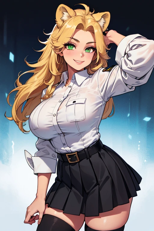 Best quality, solo young woman, giant breasts, giant ass, very curvy, long blonde hair in pigtails, lavender eyes, full lips, seductive, smiling, slutty school outfit, exposed school top, short school skirt, black thigh highs, full lips, seductive, mature, eyeshadow, lipstick, makeup, thick thighs, curvy physique