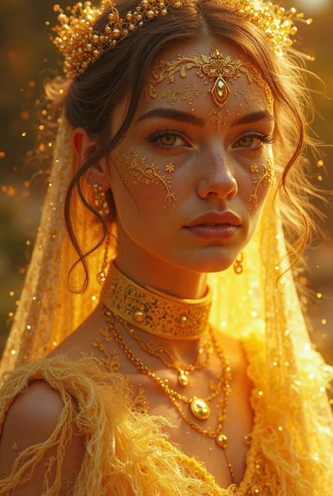 This image depicts a woman in an ornate, golden ensemble. She wears a veil that shimmers with light, giving her an ethereal appearance. Her face is adorned with intricate patterns made of glowing dots, enhancing her mystical and divine aura. Her intense gaze and the illuminated design on her face suggest a powerful, almost magical presence. The overall effect is otherworldly and captivating, reminiscent of a mythical or celestial being.