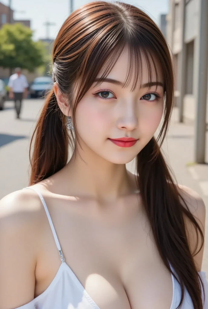 finely detail, hight resolution, hightquality、Perfect dynamic composition, Beautiful detailed eyes,poneyTail,Natural Color Lip,Kamimei、20 years girl、1 persons、Transparent skin、Glowing hair、masutepiece, Best Quality, Illustration, Ultra-detailed, finely detail, hight resolution, 8K、The correct state of the human body、randome pose、Gravure Model Pose,Hair soaring in the wind、Underwear,length hair,Big Tits,gigantic cleavage breasts, Red lace underwear,Bold sexy poses,Colossal tits、up of face、front facing