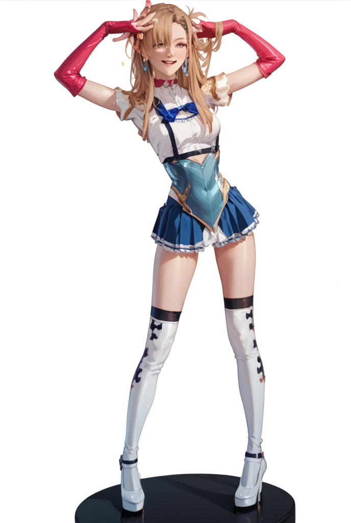((masterpiece, best quality)), (1girl), ((mature female)), detailed_face, looking at viewer, close-up, from below, anime, expressions, fenniA, lace-trimmed_dress, white_single_legwear, hair_ornament, white_gloves, waist_band, blue_footwear, ribbon, iya na kao, face, dislike, bashfulness, lip bite, hate, iyanakao