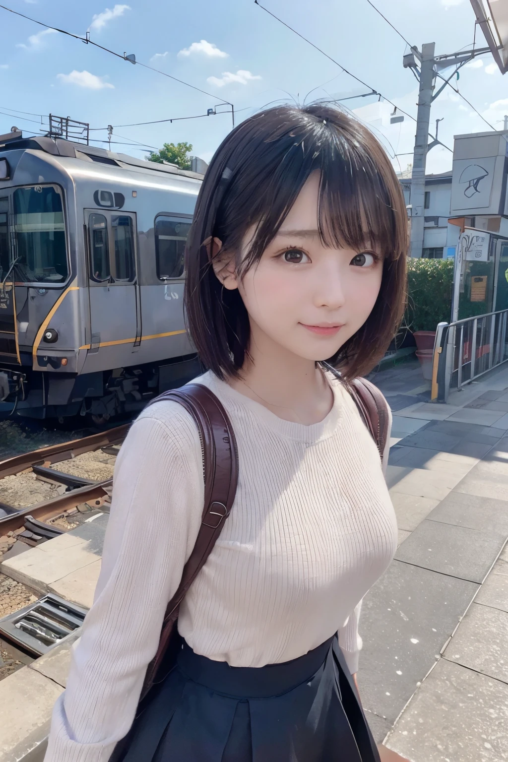 ((8k:1.27)、Highest quality、masterpiece、Ultra-high resolution:1.2)Photo Beautiful Japan woman (Comfortable:1.1) (Grey clothes:1.21) Designed by Greg Rutkowski and Alphonse Mucha Exquisite Elegance、Fantasy、detailed、geometry、Gradient lighting、One Girl、26 years old、Delicate skin、Looking at the audience、Brown eyes、(Flaxen short hair:1.2)、(Small breasts:1.0)、(middle breast wheel:0.8)、(Photorealistic:1.4)、(Highest quality:1.0)、(Ultra-high resolution:1.0)、(Without the use of hands:1.0)、8k、RAW Photos、 (Representative Song: 0.2), (Pure Eros Face_v1:0.5)、Tight clothing、tote bag、No sleeve、one piece、No sleeve、See through、smile、necklace、Linen Material、shirt、Ginza 4th Street、after work、evening、Business Fashion、Parted bangs、Hair is tied、A kind smile、Bust biting into the belt of the bag、Small breasts、Please stand up straight.、On the chest、