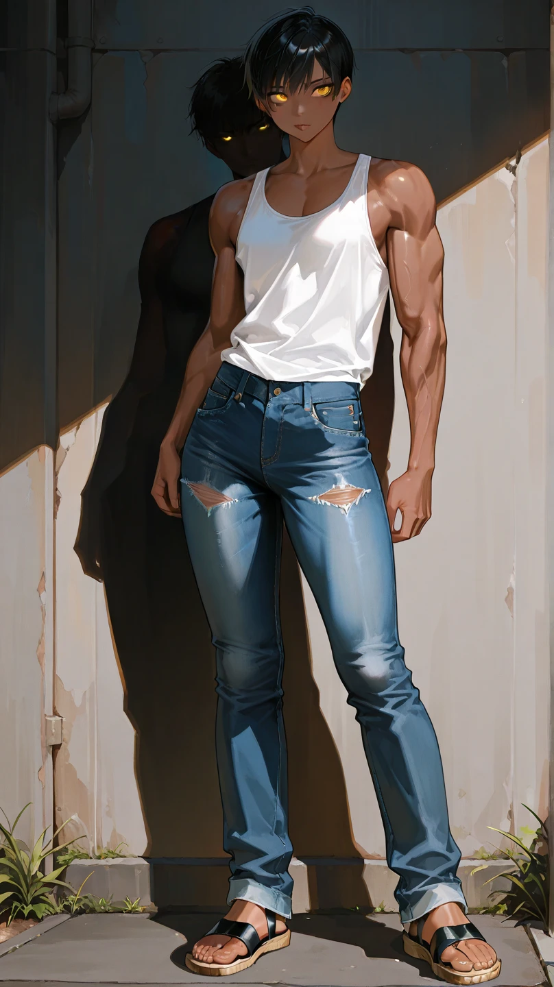 An Athletic hunk man with very short hair, tight jeans, very high stiletto heels with pointy toes, earrings, bra ,nylons and makeup,