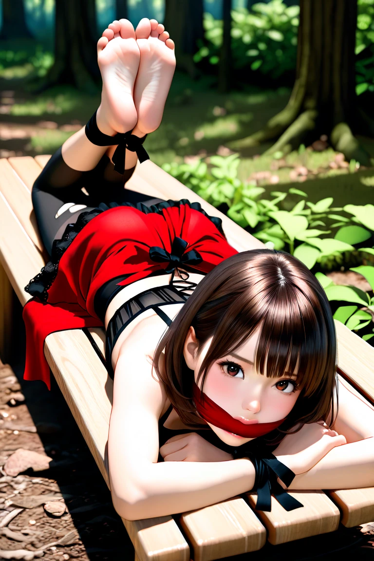 Close-up shot of a sexy woman, Gorgeous with captivating eyes and perfect makeup, radiant childhood friend, accentuated by a black tank top and a black pleated mini skirt, Show off your sexy figure with big thighs and wide hips, provocative. tie (Shibari, tay bị tie sau lưng: 1,5), (Shibari: 1,21), Bị tie, chân bị tie, gag with drool ball((( red ballgag)))Wear glasse,on the beach 