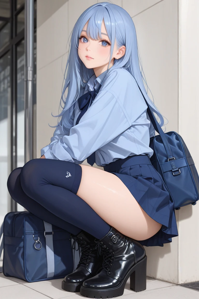 (Explicit content warning) [(Masterpiece: 1.1, Best Quality: 1.1), Shy schoolgirl in uniform showing off, emphasis, panty, sheer fabric, Slightly 0.8 Blue Hairs, Wet,