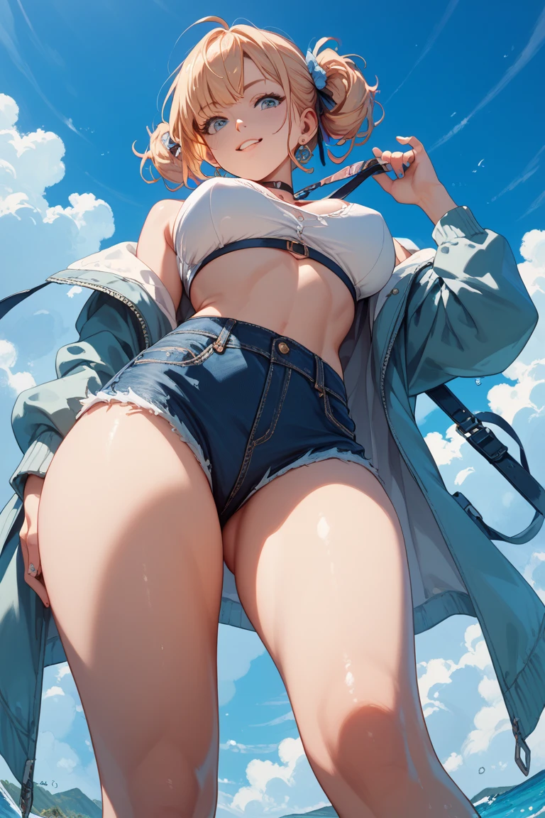 High resolution, woman , good lighting, despicable, , (), (((micro jean shorts))), ((white sports bra)), (((leather thigh high boots))), (I can see your panties), abdomen only, (wet shorts), , cute face, I', ((look up from directly below)),glasses,((white fluid in vagina)),((I can see the vagina))