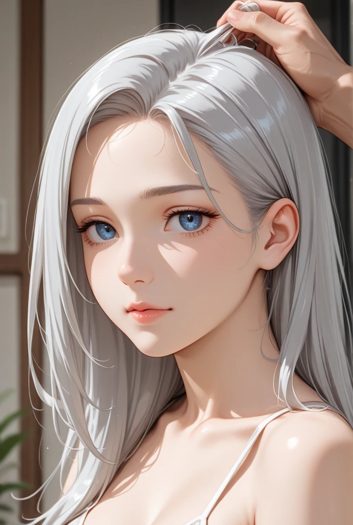 mature twenty-one year old women, long light grey hair, detailed grey eyes