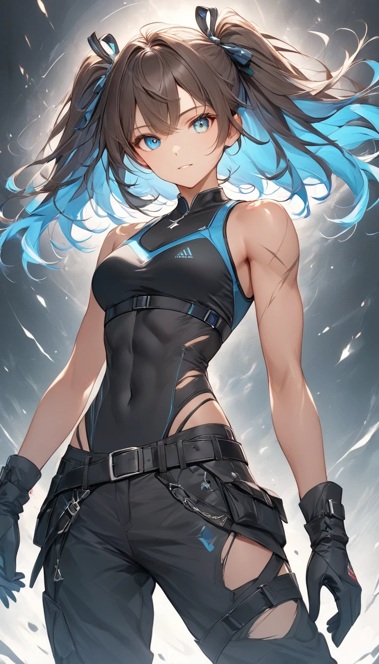 1girl, (solo:1.2), ((masterpiece)), slim, small chest, pale skin, ((detailed eyes)), (bokeh effect), (dynamic angle), armpits, navel, black hair, long hair, (tanktop:1.3), (long skirt:1.4), (elbow gloves), jogging, exterior, sweats, ponytail