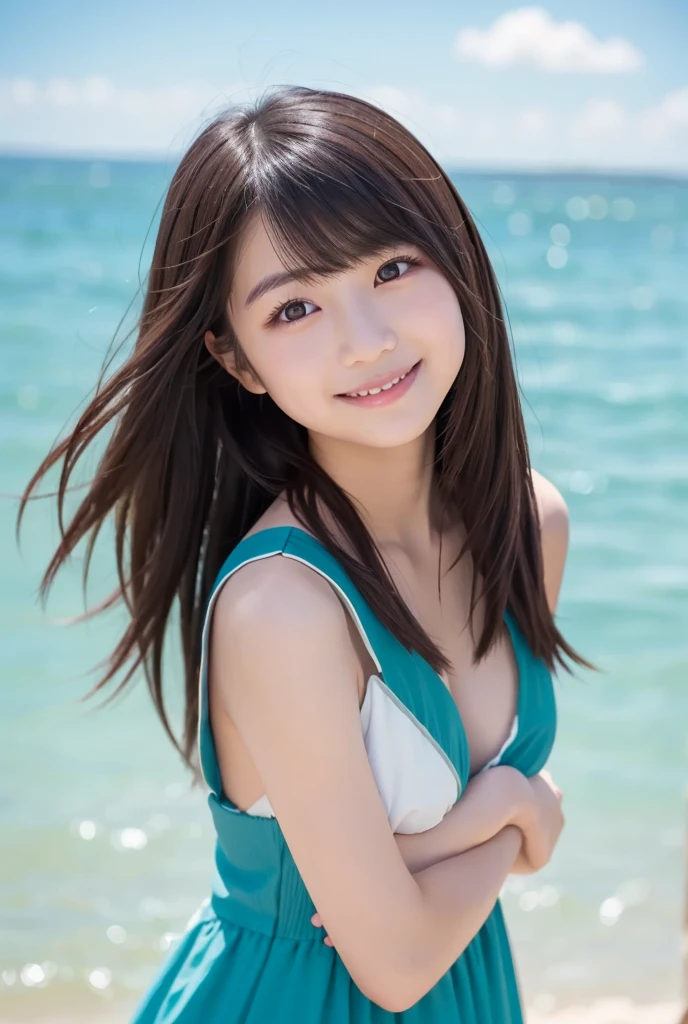 ((Pink Yukata))、(Sitting)、((Wet)),((Highest quality)), Realistic, Very detailed, In detail, ((High resolution)), 8k,Japanese women,Beautiful woman,gravure,sexy,Beautiful Skin,Beautiful Eyes,Detailed face,(Glamour),((Mid-length hair)),Brunette colored hair,20th Generation,Glamour system,Bust Size 85cm,Neat constriction,(Beautiful Eyes),(Adult),smiling sexy、Water&#39;s Edge、((Light of the sun))