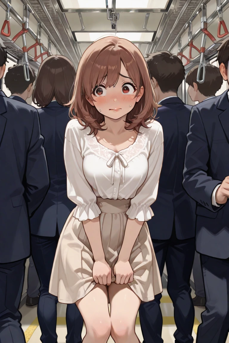 A 7 year old girl, Brunetette, with short brown hair and big eyes, shrinks as some boys surround her, laughing and teasing. She tries to hold back the tears, visibly scared.