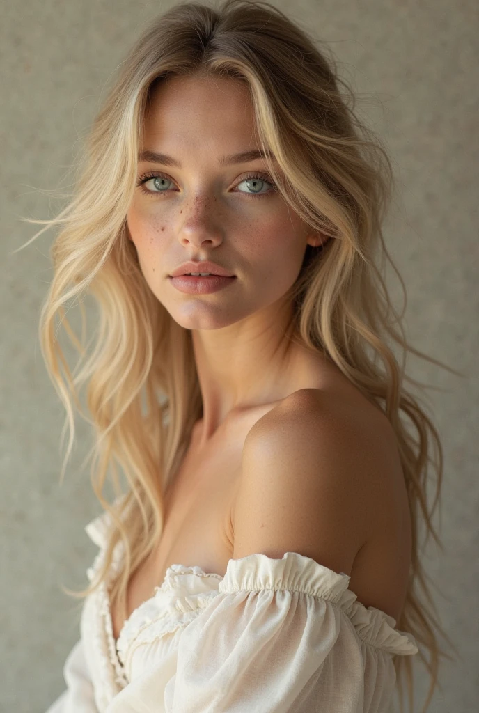 Una hermosa mujer rubia con cabello rizado, ojos azules, piel bronceada, en ropa de verano, manos sosteniendo su cabello, Hermoso paisaje natural, muy detallado, muy realista