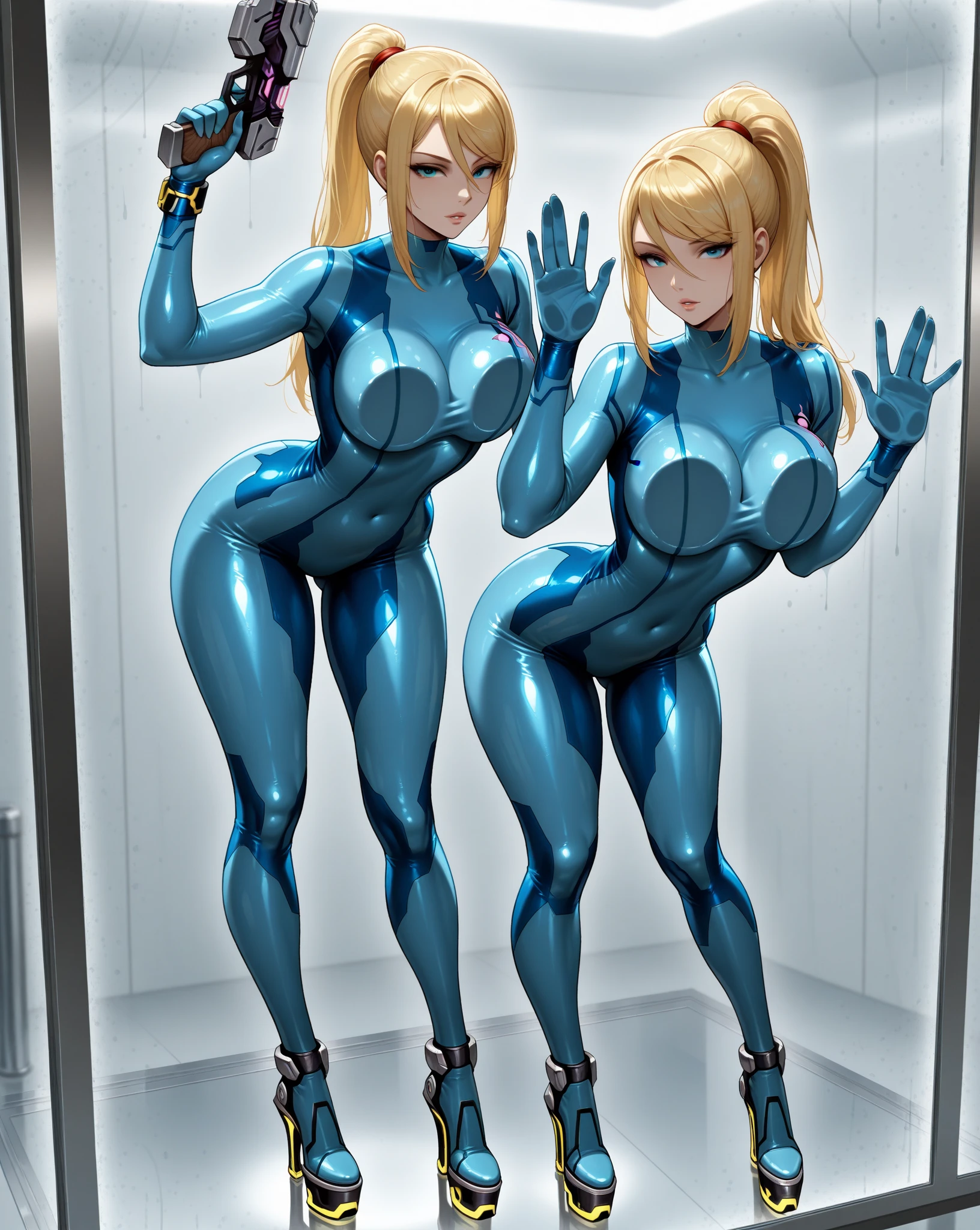 A woman with light blonde hair, with a visible eye that appears to be light blue in color. Her skin appears clear and she displays a slight smile., with a dimple on the cheek. Her face shows well-defined eyebrows and seemingly smooth skin.. She's wearing a gray blouse, with some blue drawings. she is a an shape as muscle abs . No estilo Disney Pixar bigger-boobs sexy clothes . a girl with full yellow blonde hair, with a visible eye that appears to be light bluein color. Her skin appears clear and she displays a slight smile., with a dimple on the cheek. ((((wear bondage latex black suit ))))