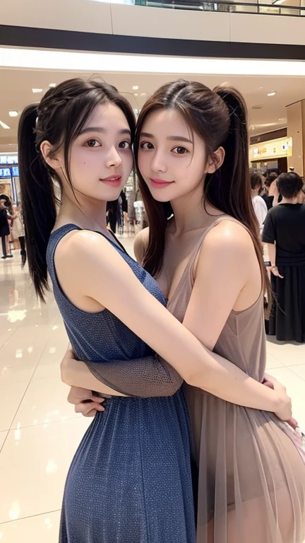realistic photos of (1 cute Korean star), hair two side up, peaked cap, thin makeup, medium breasts size, slightly smile, colour full dress, in the shopping mall, clear facial features, high resolution, sharp and realistic details, RAW, caustics, blending, Fujicolor, from above, UHD, masterpiece, high details, highres, 16k
