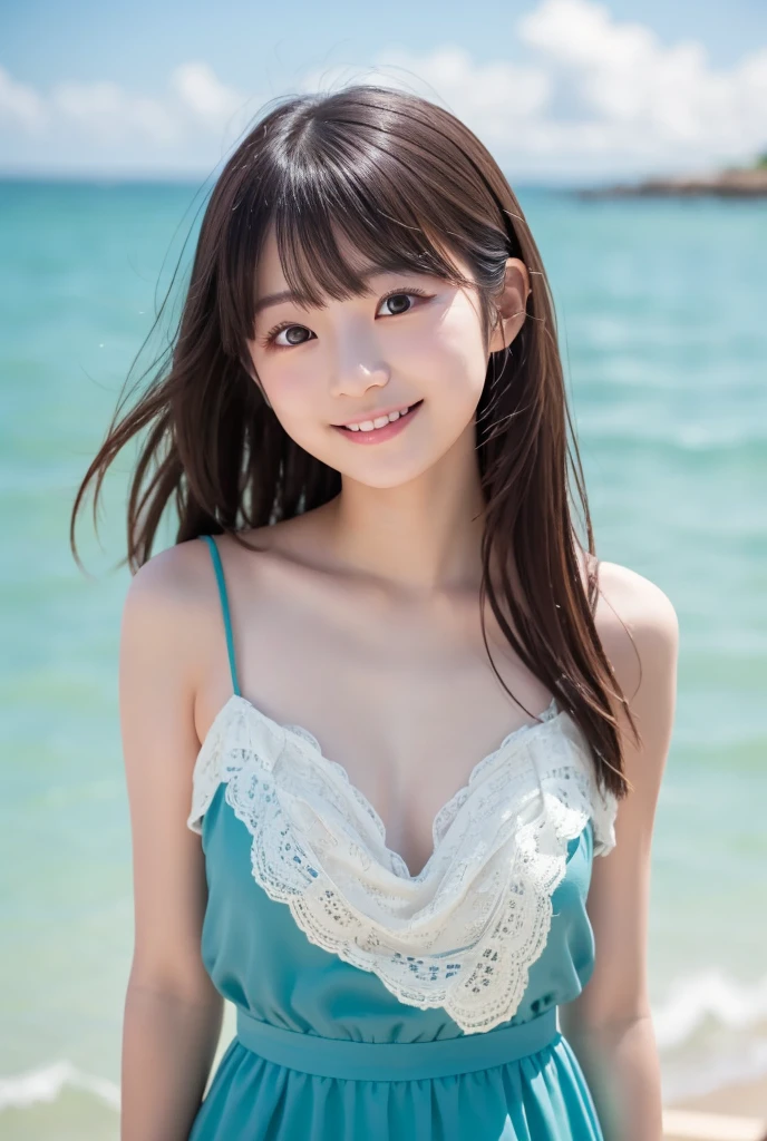 8K、having vaginal sex:1.2, full body, sea the background of、Neat and clean schoolgirl, petite person, See-through clothes, (slim, Small, Flat, Small), Twin-tailed, Photorealistic, detail, (Detailed skin texture:1.15), Ultra Detail, Wear sandals, delicate sexy collarbone, Smile, Super Detailed Face, Detailed lips, Detailed eyes, 15 years old girl、Delicate eyebrows、Little baby face、Professional Photography、watching at viewers、South Island Sea