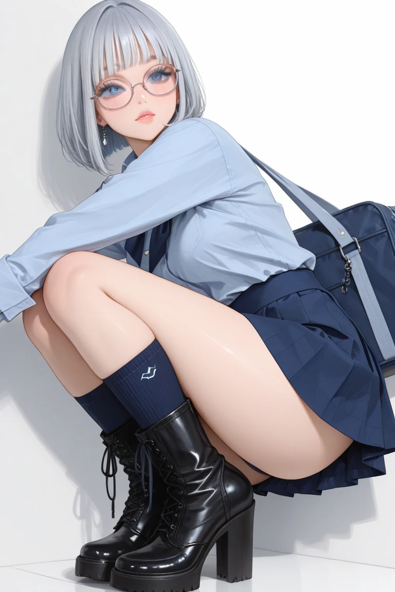 Create a character description of a  ,who is a mix of humans and cats, 140 cm tall, 13 years old, short white hair, glasses, blue eyes, black bracelet accessories on her hands, wearing a white  with a short black skirt, black shoes, carrying a black backpack, various poses and facial expressions, (full body), squatting, tight panties