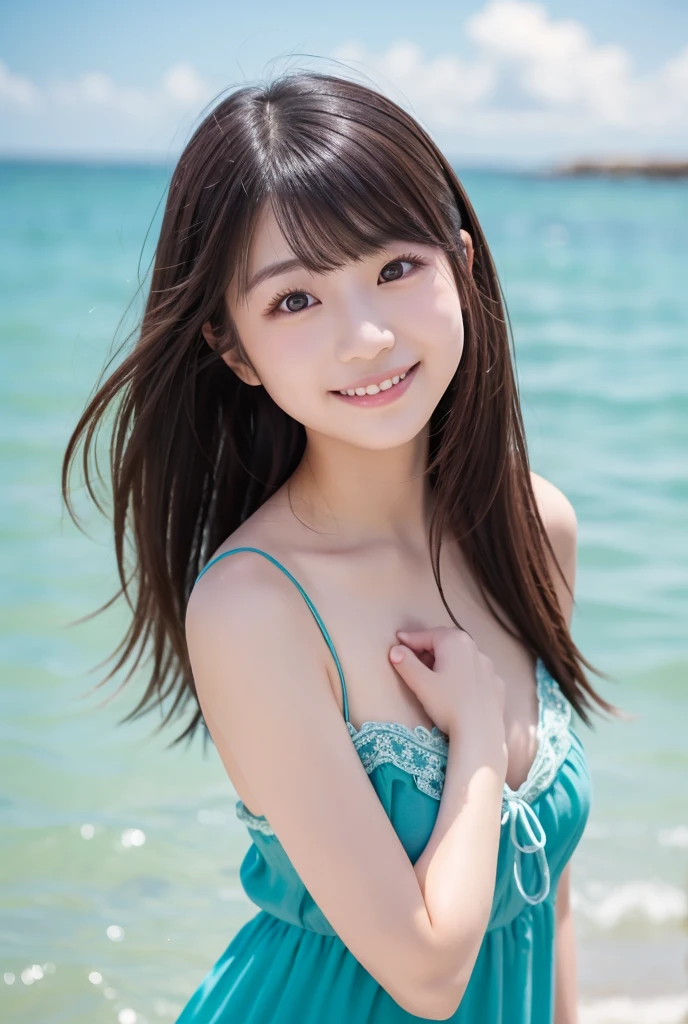 on the table, best quality, illustration, Super detailed, fine details, high resolution, 8k wallpaper, Perfect dynamic composition, Beautiful and delicate eyes,whole body摄影，show your whole body、collared shirt、mini skirt,thin and transparent、long gray hair, Bold sexy pose,Smile,Harajuku、20 year old girl、Eyeliner、beautiful bangs、hair between eyes、((masterpiece、top quality、Super detailed、movie light、intricate details、high resolution、Very detailed))、background for this、8 kood、digital SLR、soft light、high quality、film grain、富士XT3 、shallow view deep、natural soft light、Kamimei、See the knees, side view, standing at the beach,Look at the sexy shots of the lens、Above the legs、whole body、