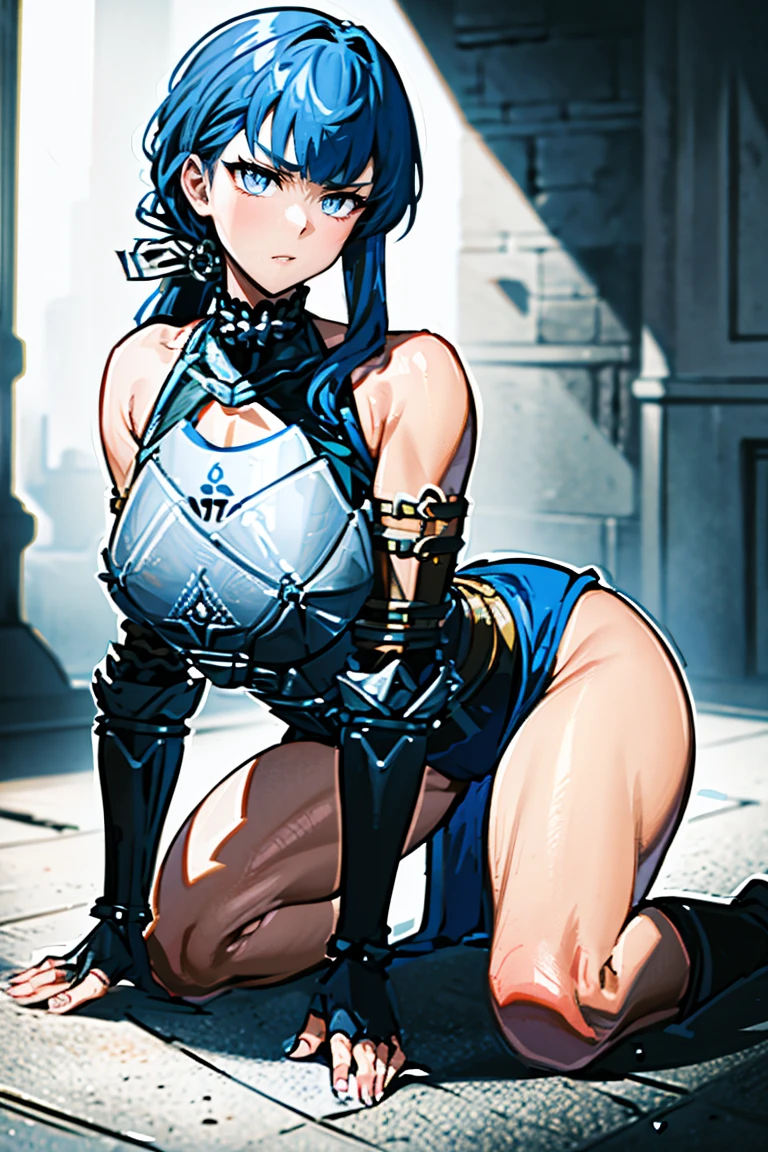 Hurricane Blue、Hurricaneger、Brown Hair、Short Hair、((pantyhose))、Photo from below、Medium chest、Jail、((first round))、((Chains in both hands))、Poop sitting、boots、Embarrassed expression、Spread your legs、((tits))