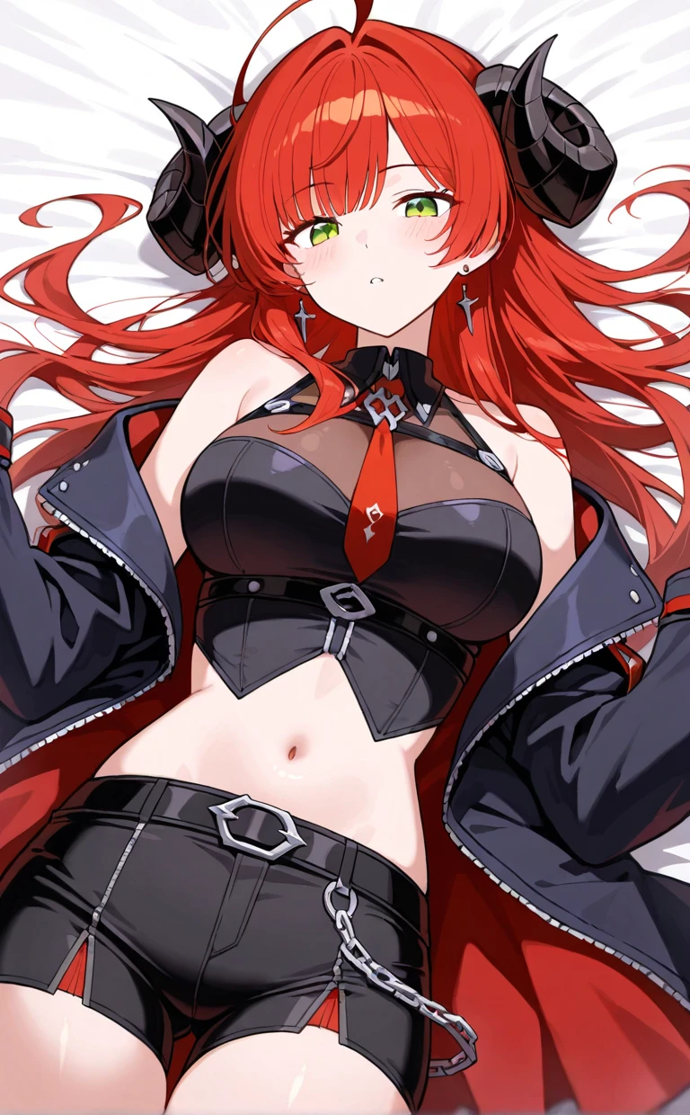 score_9, score_8_up, score_7_up, source_anime, illustration, BREAK 1girl, solo,(close up breasts:1.4),,wet skin,nikkeredhood, red hair, long hair, headgear, yellow eyes, red scarf, crop jacket, red jacket, black shrug \(clothing\), midriff, zipper, cleavage, large breasts, suspenders, fingerless gloves, room, indoors, looking up, lying, lying on bed, hand on stomach, hands on own stomach, bed, disgusting face