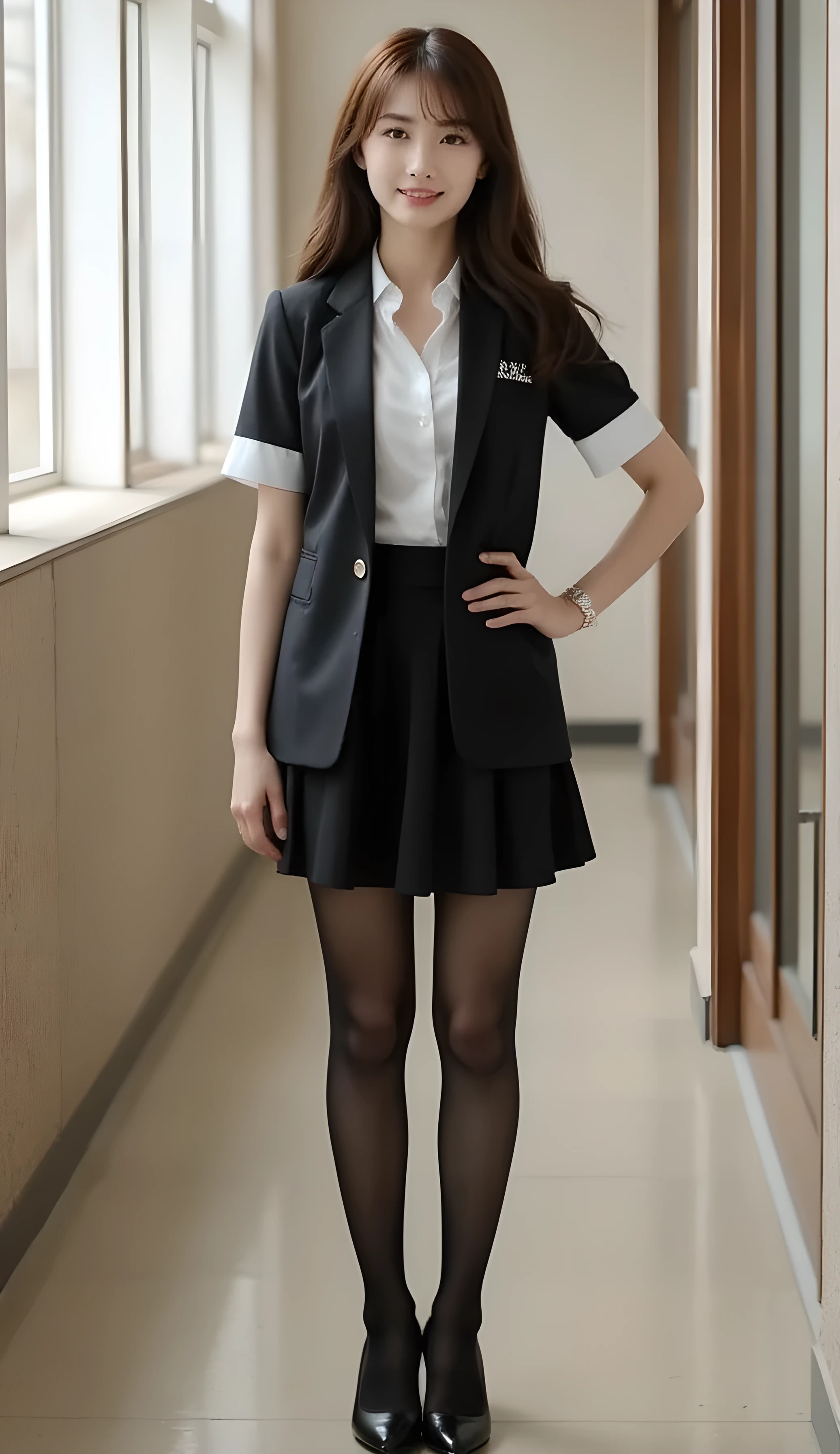 Super Real , Photoreal , (Full body image:1.5), she looks so happy , shadow, Global Illumination , Alone, (Japanese women in their 20s :1.5), very beautiful、 cute smile , Slim, brown hair , Beautiful Legs , Long, slender legs , Surimi Waist , I'm wearing a receptionist uniform ,I'm wearing a bus guide's uniform , turn your body forward、 white hair,full body photo ,Please take a picture up to the tip of your foot ,wear black pantyhose glittered on her legs ,When the light hits stockings, they reflects beautifully., wearing black high heels ,