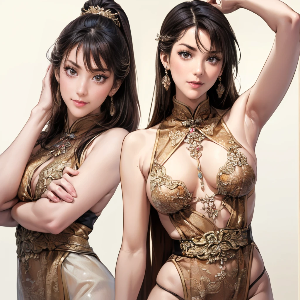 Highly detailed CG unit 8k wallpaper, masterpiece, High resolution, highest quality, highest quality real texture skin, Super Real, Digital Painting, Best image quality, 最High resolution, 8k, ((Highly detailed eyes and face)), 1girl, Beautiful eyes every detail, Full Body Shot, profile, chinese style embroidery, dress, Shogun, Military commander, general, armor, ((disproportionate breasts, huge breasts, sagging breasts, Cleavage, gigantic breasts, Saggy breasts, Gravity-dependent breasts, long chest, Heavy chest, erect nipple)), lewd, Prostitute, smile, (tanned skin, light brown hair, ), light green, deep green, ((spear on hand)),