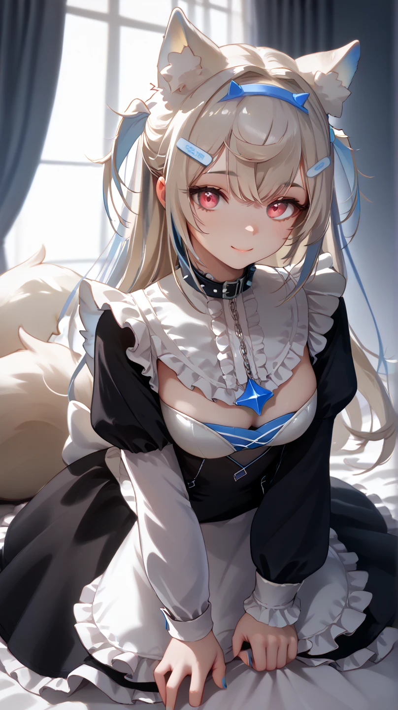Absolutely beautiful cat lady, perfect slim body, mature royal sister, gray hair, royal sister face, maid outfit, sexy and alluring, beautiful face, bust, 4K picture quality, big body, feminine expression, blush shy, outrageously large bust, deep eyes, open clothes, lying down