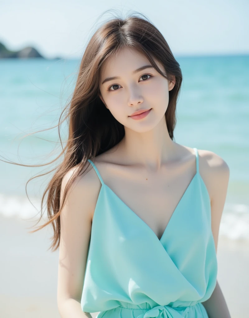 (Masterpiece), (Best Quality), (detailed), 1 girl, 22 years old, playful expression,, long hair, beautiful, natural, smiling, on the beach near the ocean, Jaeyeon Nam in a white dress walking, beautiful young Korean woman, graceful posture, sunshine breezing, free, a fashion model who is acclaimed in the Asian women's fashion industry, she walks lightly on the beach, The beautiful temperament of an Asian girl is vividly displayed, interpreting the charm and style of Asian women.