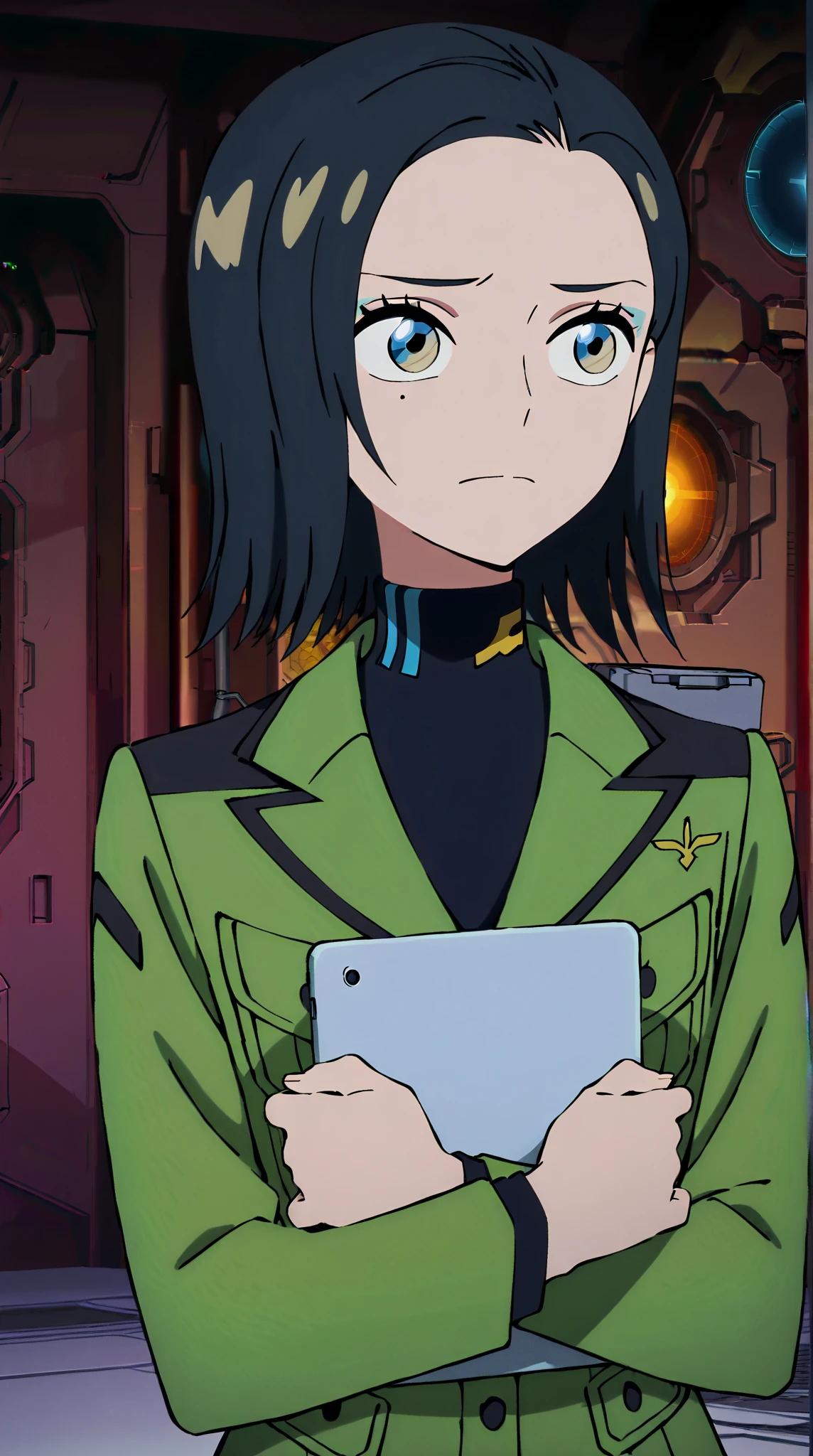 volumetric lighting, official style, amazing quality, ultra detailed, highres, detailed background, anime screenshot, anime screencap, anime coloring, masterpiece, detailed face,1girl   Comoli_Harcourt, uniform, brown and blue eyes, black hair, military, military uniform, mole under eye, mole, tablet pc, solo, short hair, green jacket, science fiction, holding