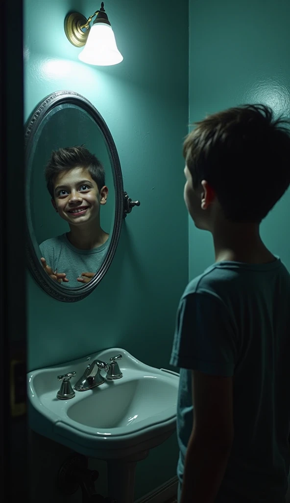 Realistic brunette boy taking tumbler photo with cell phone in black and white mirror