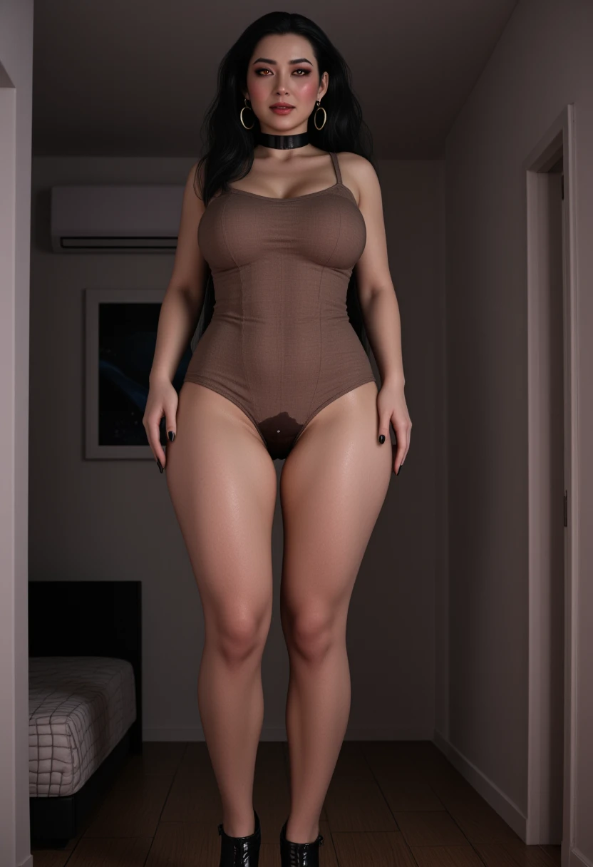 wide hips, attractive long legs, wedge heels,  beautiful eyes, Beautiful whole body, small breasts, nude, a tempting look, Abs, Plump body shape, black hair, red eyes, full body, Bewitching pose, thick calves, Slightly parted lips, Blank Eyes