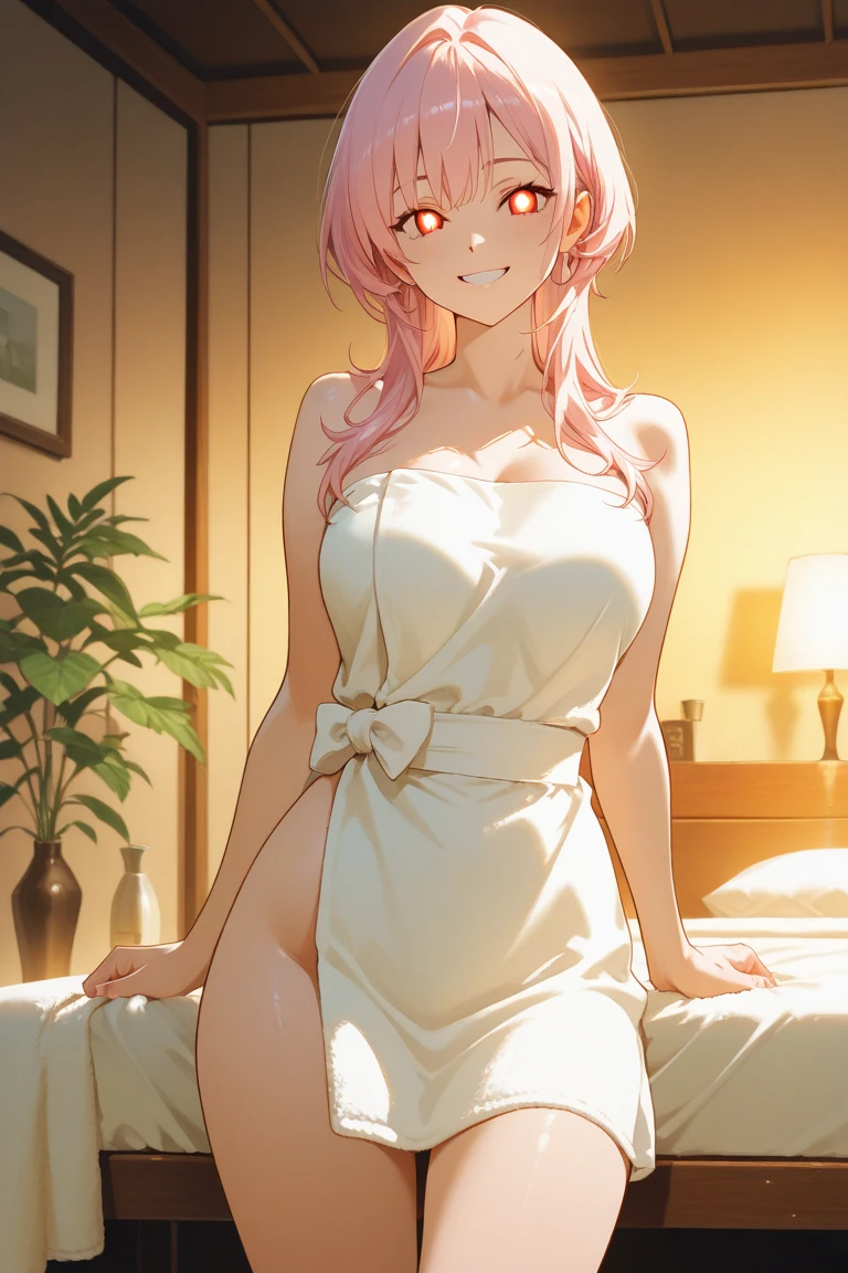 Rosa, 18 years old, long light pink hair, pink eyes, huge breasts, wearing pink lingerie, entering her room in the palace with a candle to light it because it was at night..hentai