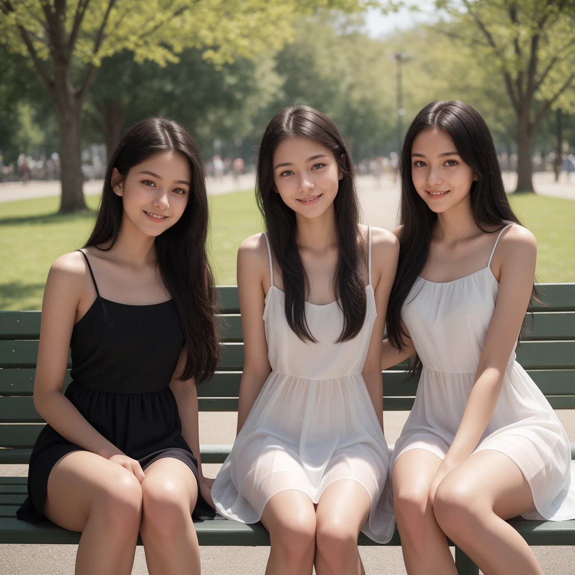 White camisole dress,a junior high school student, 4K, Beauty, Blowing wind, Active Pose, Amazing Angle, mile, blac hair, realisitic, detaileds, 2girls, Sisters 15 and 20 years old, My sister's are big, masutepiece, beautifull hands, A smile, in woods, bangss, , , ,
