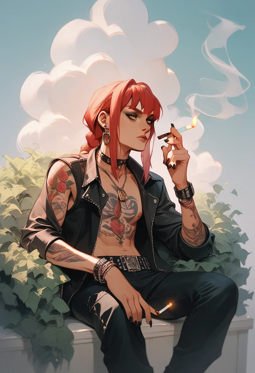 Crimson hair, black highlight in hair, short hair, tomboy, Japanese sleeve tattoo, neat ear piercings, thin tanktop, b cups, no bra, one cigarette in mouth, streetwear, freckle on right boob, night, city